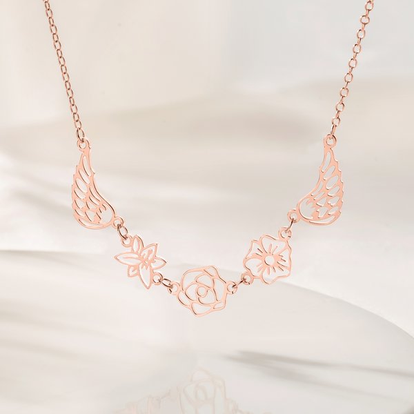 Personnalisé 1-3 Fleurs de naissance Aile d'ange Collier délicat Mémorial Anniversaire Cadeau de Noël pour les femmes