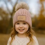 Personalised Multicolour Soft Pom-Poms Beanie Hat with Name Leather Patch from 2 Months to 5 Years Winter Daily Wear Baby Shower Gift for Baby Toddler