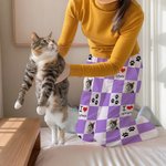 Personalized Cute Paw Checkerboard Print 1-4 Pet Photos Drawstring Long Pajama Pants with Name Birthday Gift for Pet Lovers Owner