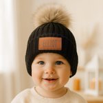 Personalised Multicolour Soft Pom-Poms Beanie Hat with Name Leather Patch from 2 Months to 5 Years Winter Daily Wear Baby Shower Gift for Baby Toddler