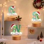 Personalised Santa Hat Dinosaur Initial LED Night Light with Name and Wooden Base Home Decor Christmas Gift for Kids