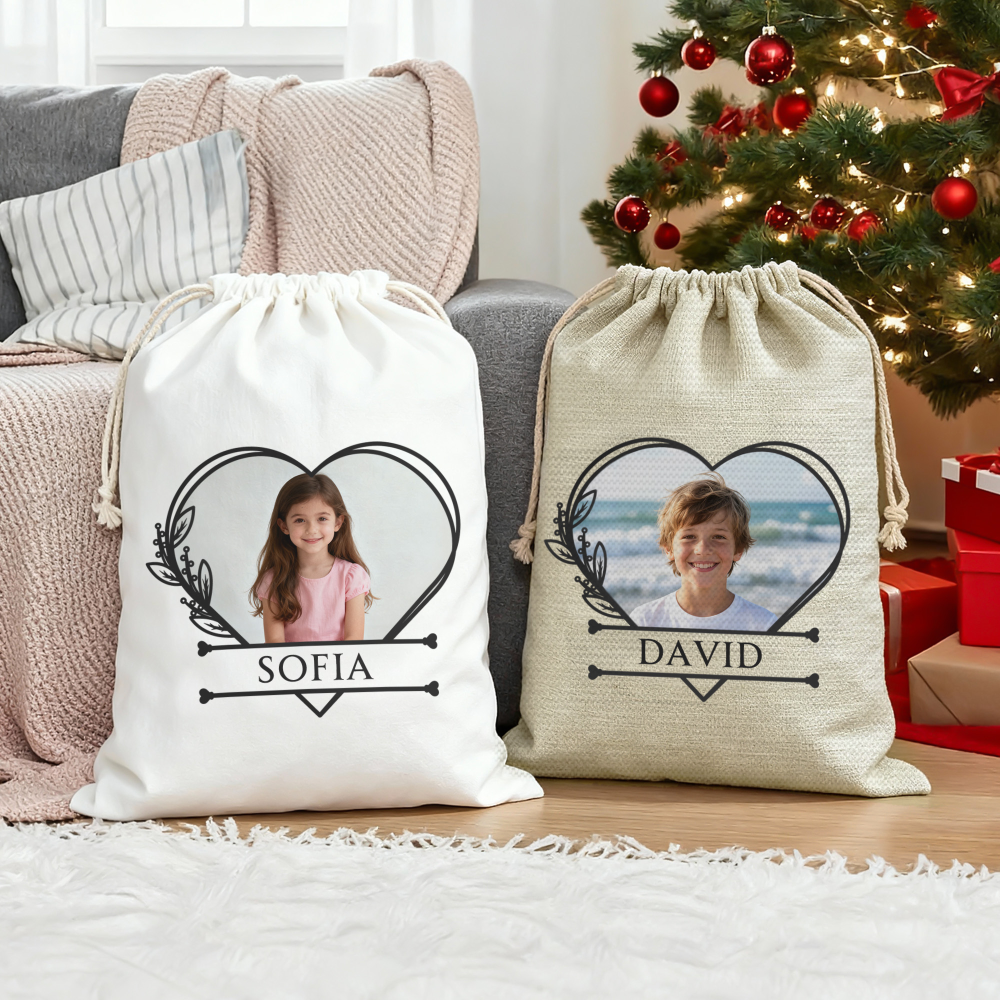 Sac de Noël à cordon personnalisé avec nom et photo Cadeau d'anniversaire pour garçons filles
