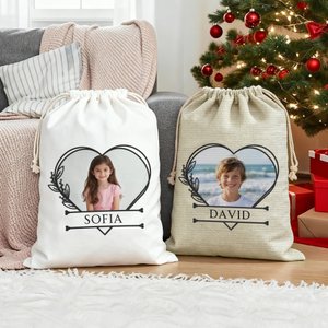 Personalisierte Herz Linie Weihnachten Drawstring Geschenk Tasche mit Namen und Foto Geburtstag Weihnachtsgeschenk für Jungen Mädchen
