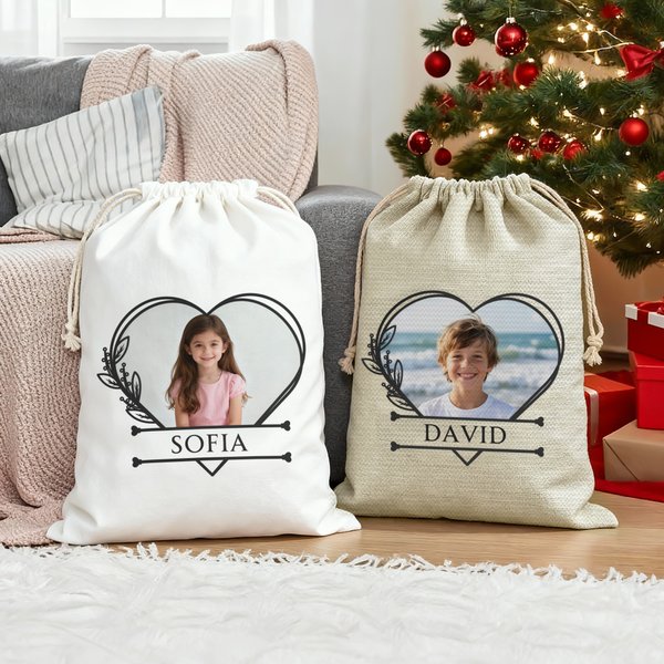 Personalized Heart Line Christmas Drawstring Gift Bag with Name and Photo Birthday Christmas Gift for Boys Girls