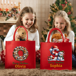 Personalized Christmas Tree Snowman Elf Gingerbread House Initial Large Red Linen Tote Bag with Name Christmas Party Favor Gift for Family Friends