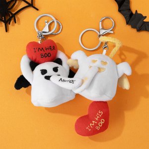 Personalisierte Liebe Herz Glow-In-The-Dark Cute Boo Plüsch Engel Teufel Schlüsselanhänger mit Namen und Text Halloween Geschenk für Paare Freundin