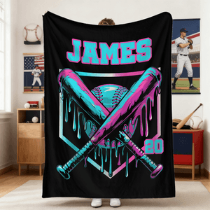 Personalised Ice Cream Dripping Baseball Bat Soft Throw Blanket with Name and Number Home Decor Birthday Christmas Gift for Kids Sports Lovers