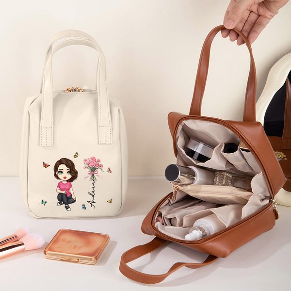 Bolso de maquillaje portátil personalizado en cuero PU con nombre flor de nacimiento y personaje animado regalo de cumpleaños para mujeres
