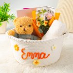 Personalized Rainbow Flower Cotton Woven Storage Basket with Name Holiday Birthday Baby Shower Gift for Baby Kid