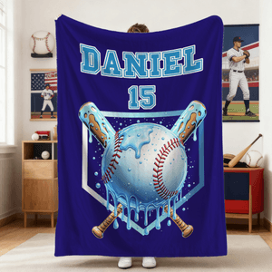 Personalised Ice Cream Dripping Baseball Soft Throw Blanket with Name and Number Home Decor Birthday Christmas Gift for Kids Sports Lovers