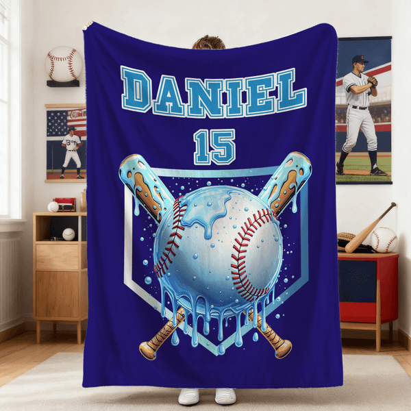 Personalised Ice Cream Dripping Baseball Soft Throw Blanket with Name and Number Home Decor Birthday Christmas Gift for Kids Sports Lovers