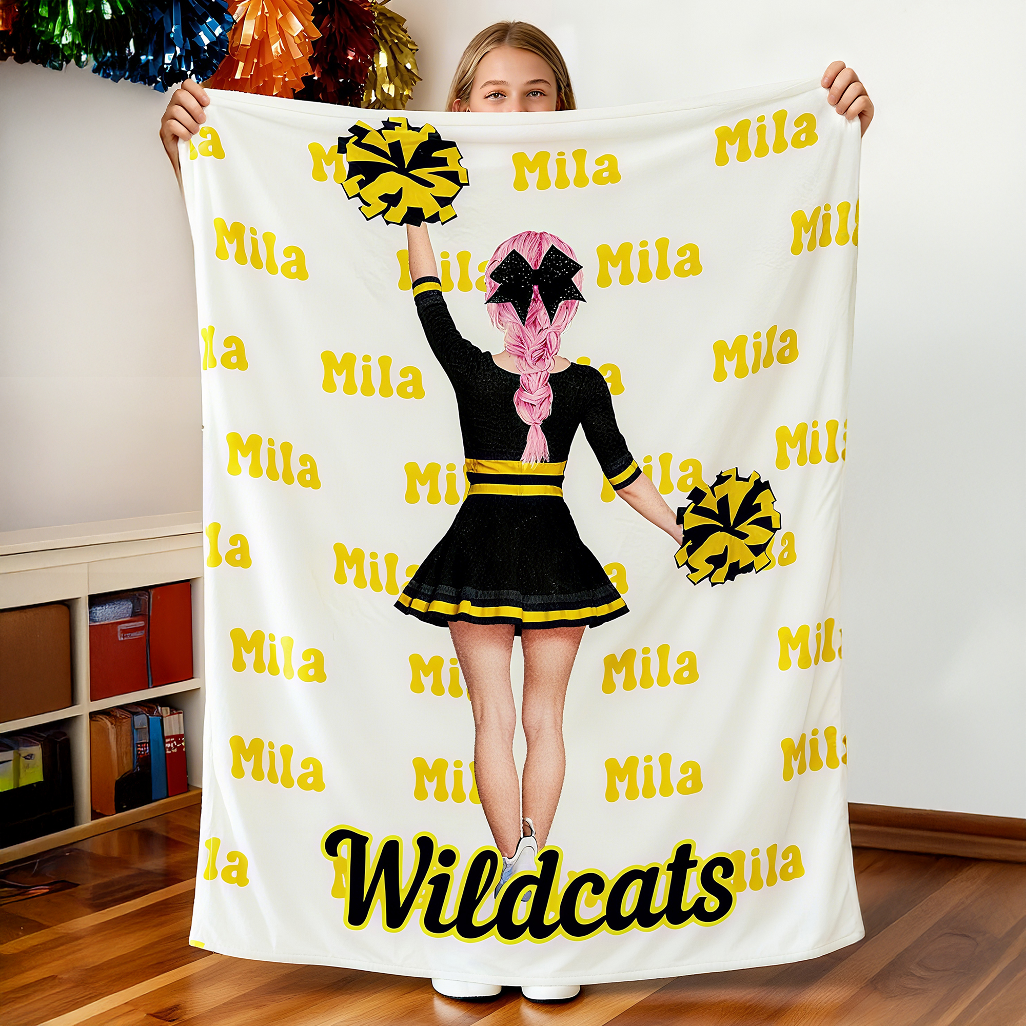 Couverture Douce Multicolore Personnalisée avec Motif Cheerleading Dessin Animé et Nom Cadeau Jour de Match pour Pom-Pom Girls et Entraîneurs