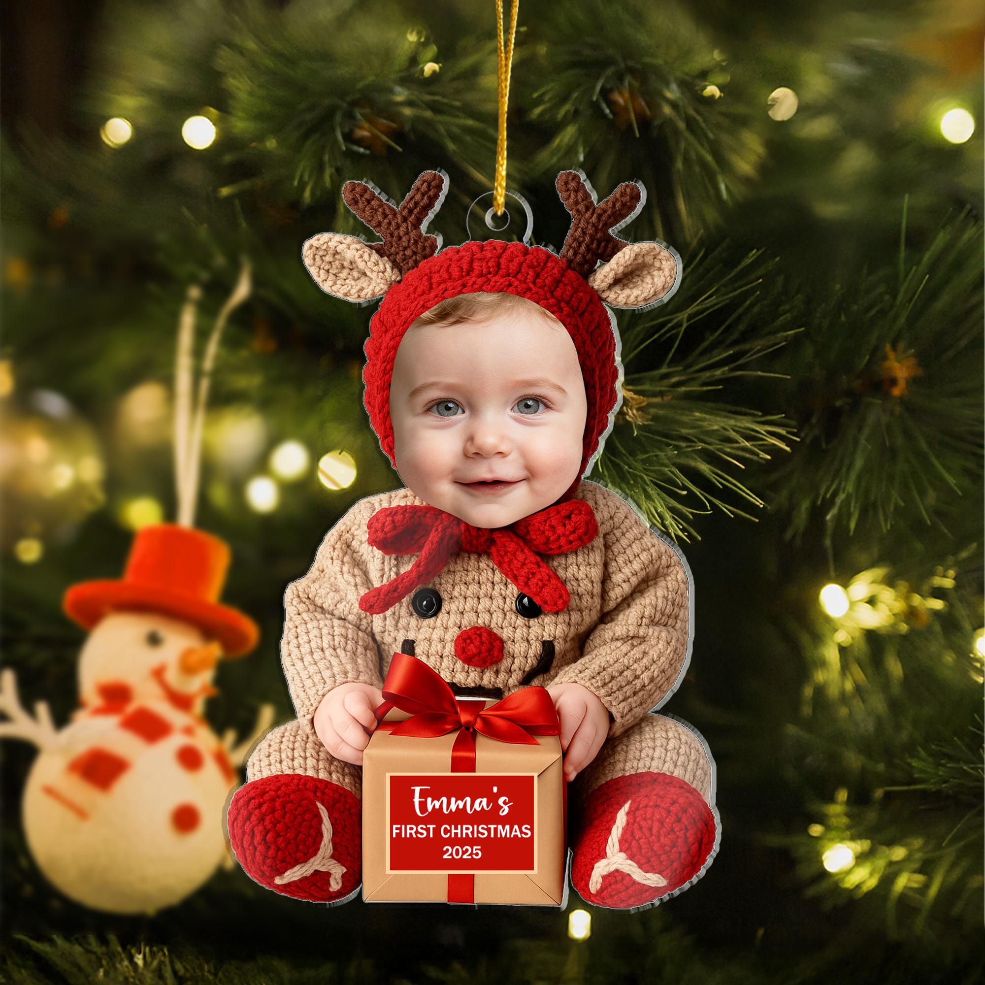 Ornement personnalisé en acrylique avec photo du visage de bébé, avec nom et année Décoration de maison Cadeau de Noël pour les bébés