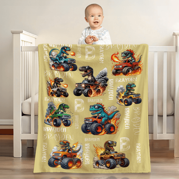 Personalized Multicolor Truck Dinosaur Soft Throw Blanket with Name and Initial Home Decor Birthday Gift for Kids Dinosaur Lovers Boys