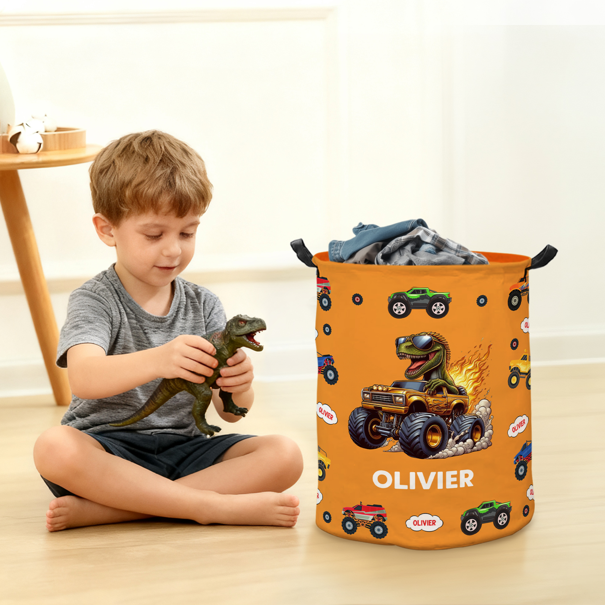 Panier à linge de grande capacité personnalisé avec nom Cadeau d'anniversaire et de Noël pour les garçons amoureux des dinosaures