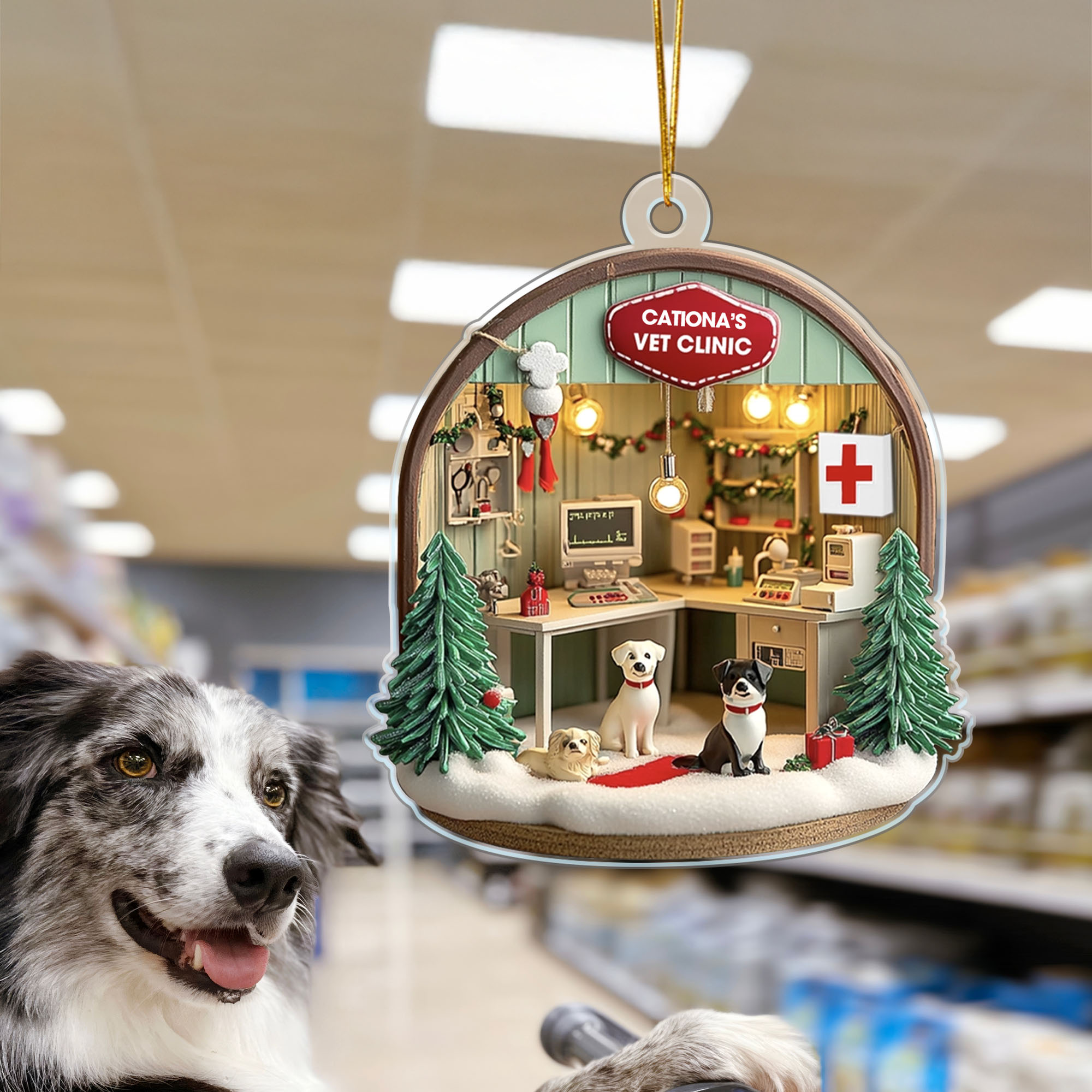 Ornement de Noël personnalisé en acrylique avec le nom de la clinique Cadeau de Noël pour les vétérinaires
