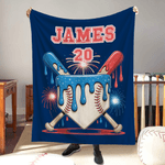 Personalised Ice Cream Dripping Baseball Soft Throw Blanket with Name and Number Home Decor Birthday Christmas Gift for Kids Sports Lovers