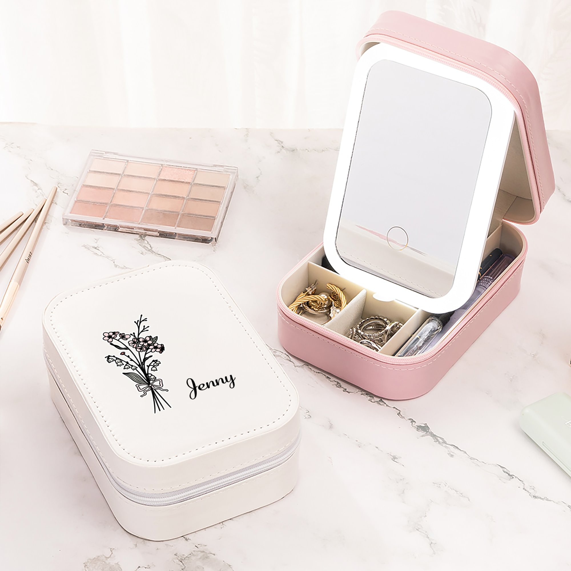 Coffret à bijoux de voyage LED en cuir PU avec nom Cadeau d'anniversaire pour demoiselles d'honneur Sœurs