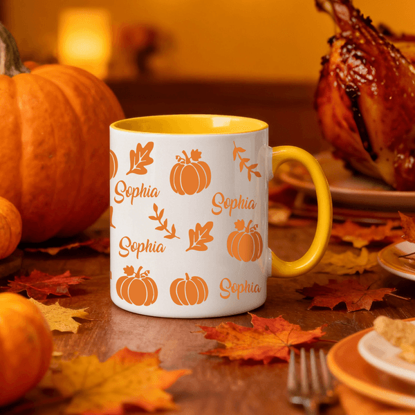 Personalized Pumpkin Maple Leaf Ceramic Coffee Mug with Name Thanksgiving Day Autumn Gift for Family Kids Friends