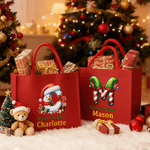 Personalized Christmas Tree Snowman Elf Gingerbread House Initial Large Red Linen Tote Bag with Name Christmas Party Favor Gift for Family Friends
