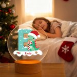 Personalised Santa Hat Dinosaur Initial LED Night Light with Name and Wooden Base Home Decor Christmas Gift for Kids