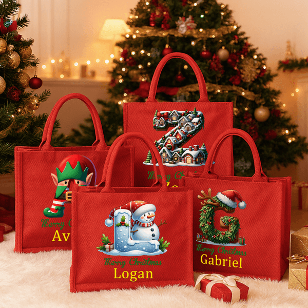 Personalized Christmas Tree Snowman Elf Gingerbread House Initial Large Red Linen Tote Bag with Name Christmas Party Favor Gift for Family Friends