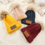 Personalised Multicolour Soft Pom-Poms Beanie Hat with Name Leather Patch from 2 Months to 5 Years Winter Daily Wear Baby Shower Gift for Baby Toddler