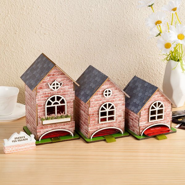 Gepersonaliseerd 3D Huis-Vormig Dorp Design Houten Theezakhouder met Naam Tafel Decor Verjaardag Housewarming Geschenk voor Theeliefhebbers