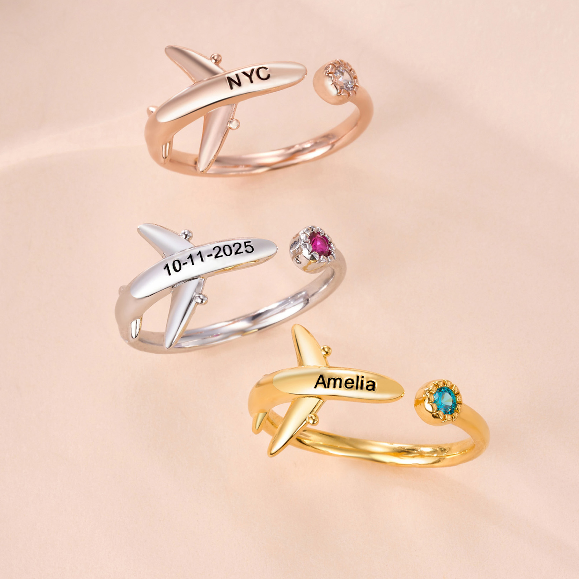 Bague d'avion personnalisée avec texte gravé Cadeau d'anniversaire pour les amoureux du voyage Pilote Maman hôtesse de l'air