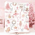 Personalised Pink Ballet Girl Christmas Tree Soft Throw Blanket with Name and Initial Home Decor Christmas Birthday Baby Shower Gift for Little Girl