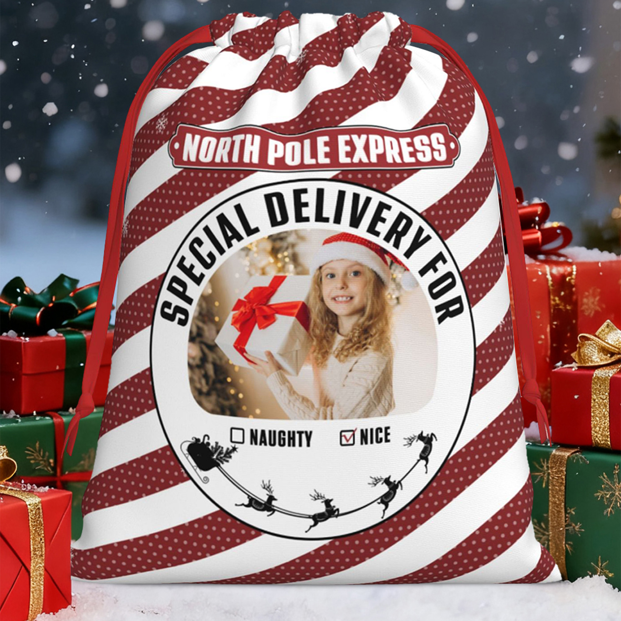 Sac de Noël personnalisé avec photo pour les garçons et les filles.