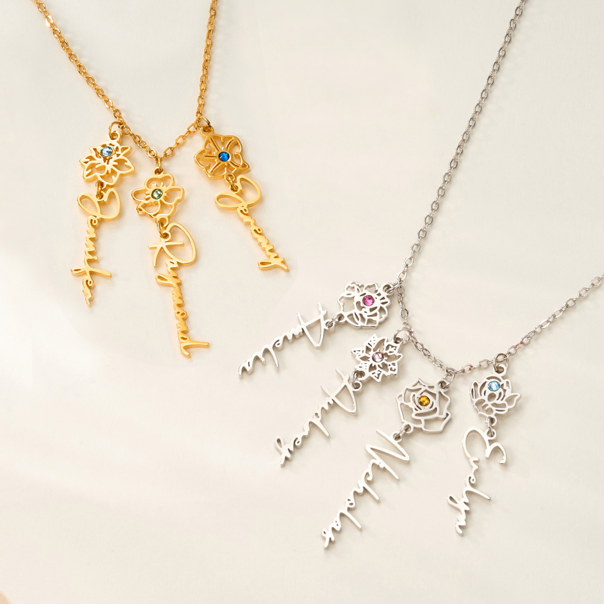 Collier personnalisé avec 1-8 fleurs de naissance noms et pierre de naissance - Cadeau d'anniversaire fête des Mères pour maman grand-mère