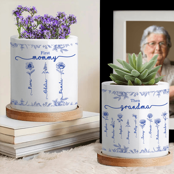 Personalised Toile De Jouy Birth Flower Ceramic Plant Pot with Nicknames and Names Christmas Thanksgiving Day Gift for Mom Grandma