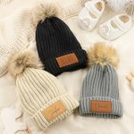 Personalised Multicolour Soft Pom-Poms Beanie Hat with Name Leather Patch from 2 Months to 5 Years Winter Daily Wear Baby Shower Gift for Baby Toddler