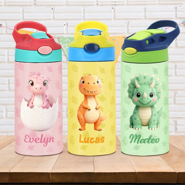 Personalized Multicolour Cartoon Dinosaur 12 oz Kid's Water Bottle with Name Birthday Christmas Gift for Boys Girls