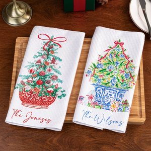 Personalised Chinoiserie Christmas Tree Design Soft Waffle Tea Towel with Text Christmas Anniversary Gift for Family Friends