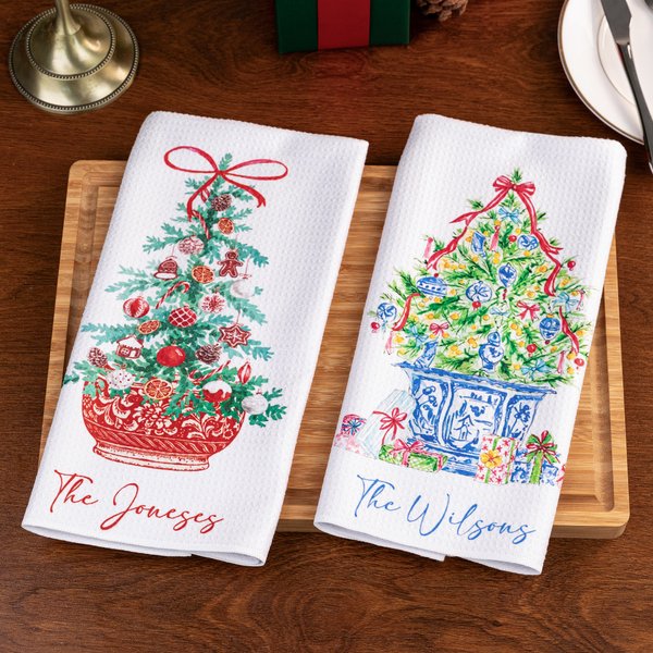Personalized Chinoiserie Christmas Tree Design Soft Waffle Tea Towel with Text Christmas Anniversary Gift for Family Friends