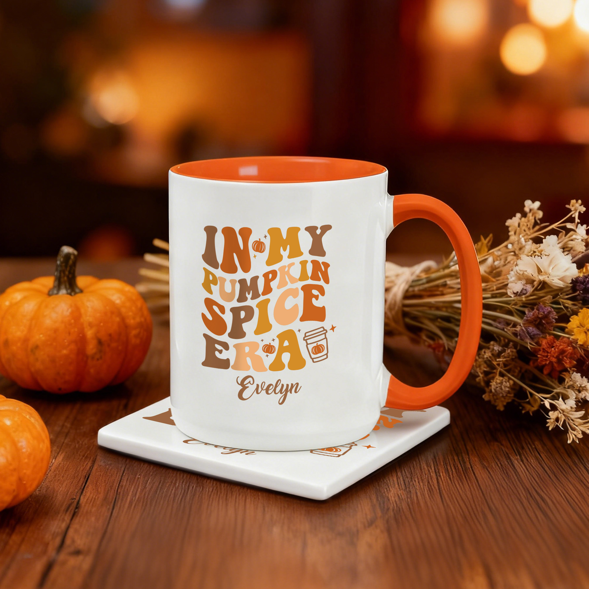 Tasse à café personnalisée en céramique multicolore avec nom et sous-verre Cadeau de Thanksgiving pour la famille et les amis