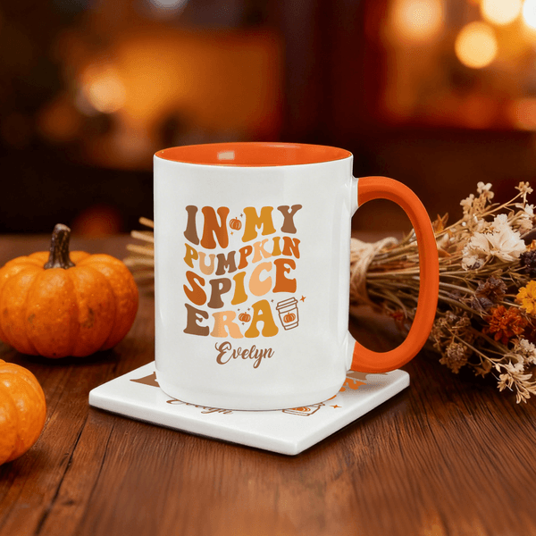 Personalized In My Pumpkin Spice Era Multicolour Ceramic Coffee Mug with Name and Coaster Thanksgiving Gift for Family Friends