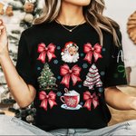 Personalised Santa Claus Snowflake Bow Christmas Tree Multicolor T-shirt Sweatshirt with Name Christmas Gift for Women
