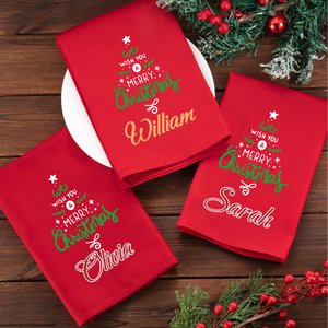 Personalised Merry Christmas Tree Design 100% Cotton Red Napkin with Name Party Home Decor Christmas Gift for Family Friends