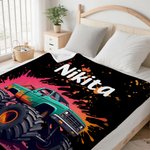 Personalized Big Wheel Off-Road Truck Soft Throw Blanket with Name Home Decor Birthday Christmas Gift for Children Boys Truck Lovers