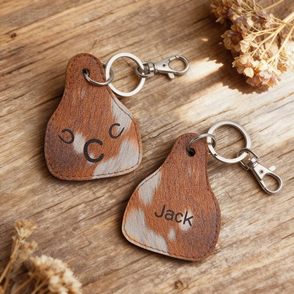 Gepersonaliseerde Western Cowboy bruin bont Textuur afdrukken sleutelhanger met naam en initiaal Dagelijks gebruik Verjaardag Graduate Gift voor boeren Highland Cow liefhebbers