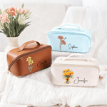 Personalised Birth Flower Multicolor PU Leather Makeup Bag with Name Travel Essential Christmas Birthday Gift for Sisters Friends