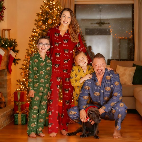 Personalisierte 1-5 Haustier Fotos Multicolor weiche lange Ärmel Pyjama Matching Set mit Namen Geburtstag Weihnachten Geschenk für Kinder Familie