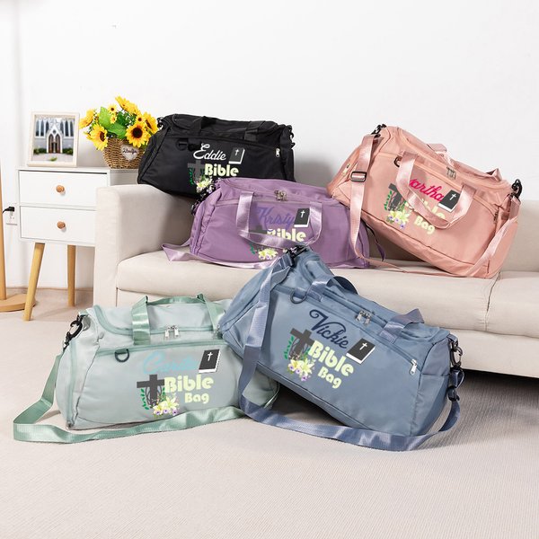 Personalized Floral Cross Bible Multi-compartment Large Travel Bag with Name and Shoulder Strap Baptism Birthday Gift for Women Christians