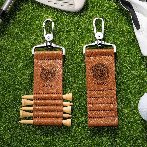 Foto personalizzata dell'animale domestico a linee Etichetta per borsa da golf in pelle PU con nome dell'animale domestico e 5 pezzi di tee in bambù Regalo di compleanno per giocatori di golf