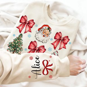 Personalised Santa Claus Snowflake Bow Christmas Tree Multicolor T-shirt Sweatshirt with Name Christmas Gift for Women