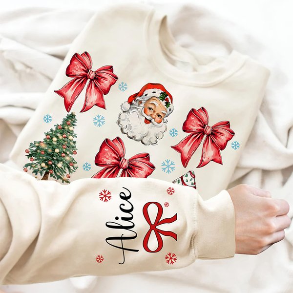 Personalizado Santa Claus Copo de nieve Arco de Navidad Árbol Multicolor Camiseta Sudadera con Nombre Regalo de Navidad para Mujer