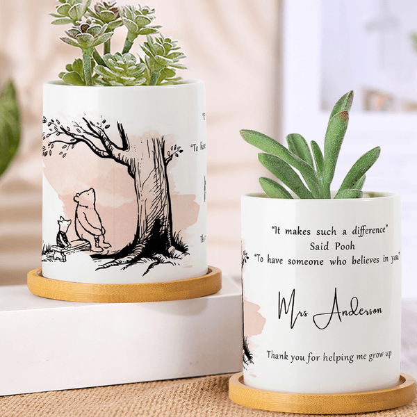 Personalized Classic Winnie the Pooh Ceramic Plant Pot with Bamboo Base and Text Classroom Decor Teacher's Day Birthday Gift for Teacher